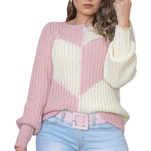 Women Sweater Heart Pattern Color Block Autumn Winter O Neck Lantern Sleeve Knitted Top Streetwear Women Sweater