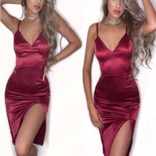 Elegant Satin Dresses For Women Solid Wine Red Black Midi Dress 2021 Fashion Winter V-neck Ladies Christmas Dress Party Night