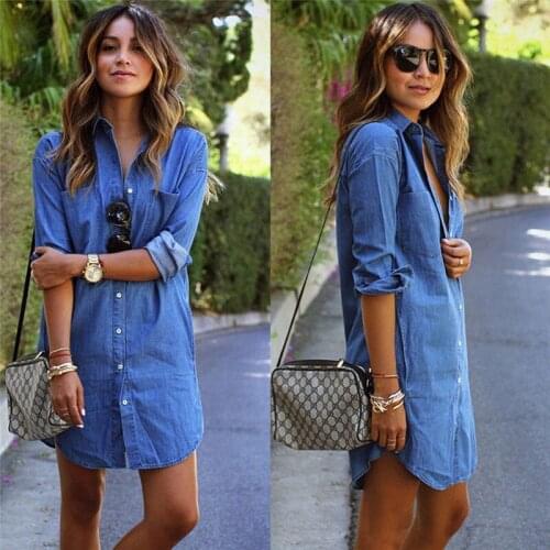 Women Long Sleeve Shirt Dress Casual Loose Denim Dress Ladies Solid Single Breasted Mini Dress Fashion Female Dress With Pocket