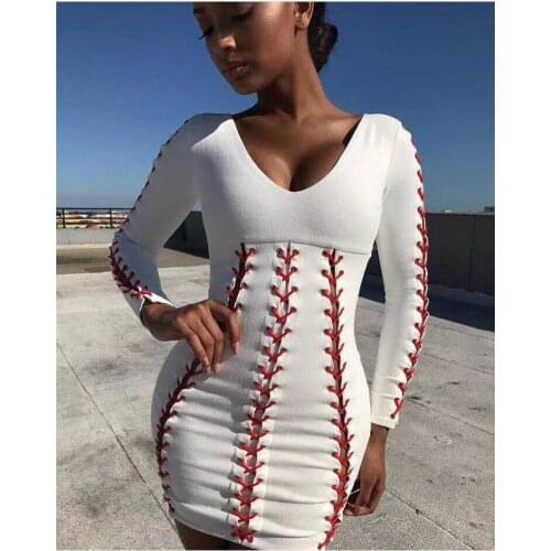 High quality 2018 new sexy white long sleeve lace up v bandage dress birthday party celebrity bandage dress wholesale dropship