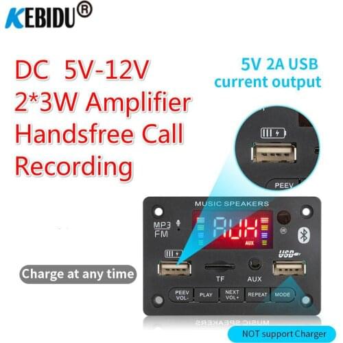 6W Amplifier Big Color Screen 12V MP3 Decoder Board Bluetooth5.0 Audio Module USB TF Radio Call with charging port For Speaker