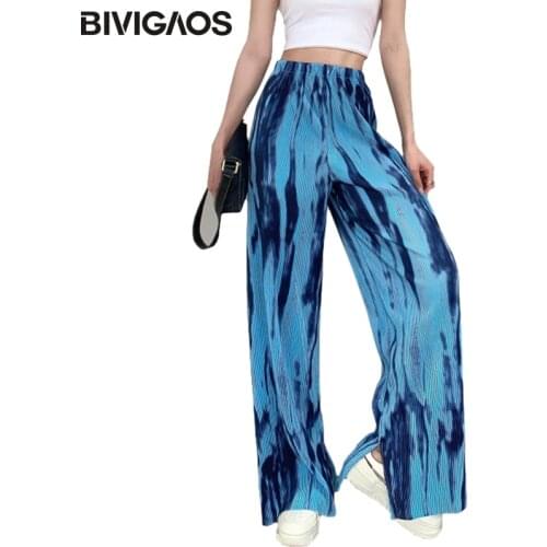 BIVIGAOS Thin Ice Silk Pants Womens Summer New Loose Wide Leg Pants Trend Tie-Dye Ankle Split High Waist Drape Casual Pants