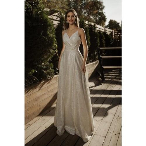 Shiny V-Neck Spaghetti Straps Floor-Length A-Line Wedding Dresses Custom Made Sleeveless Bridal Gowns