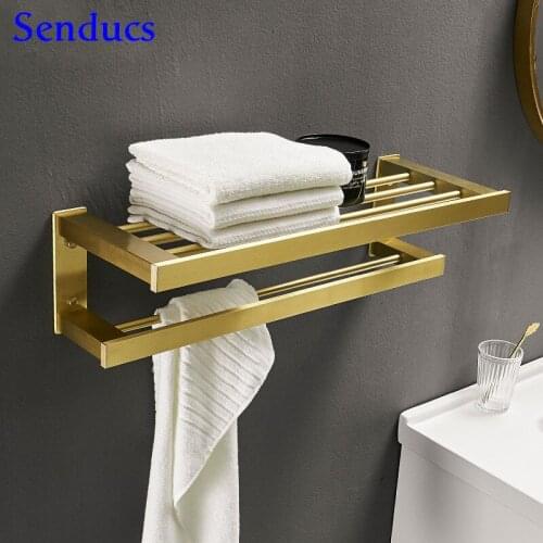 Senducs Bathroom Towel Rack Quality Space Aluminum Bath Towel Holder Brushed Gold Bathroom Towel Shelf Bathroom Accessories