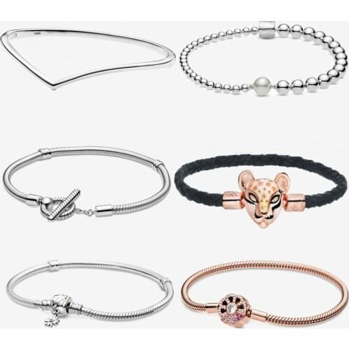 Women Bracelet Fit Original Pan Charms 925 Sterling Silver Snake Chain Leather T-shaped Buckle Bracelets DIY Fashion Jewelry