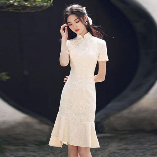 Elegant Women Evening Party Dress Vintage Slim Sexy Qipao Traditional Chinese Ladies Ruffles Cheongsam Vestidos Noble Robe Gown