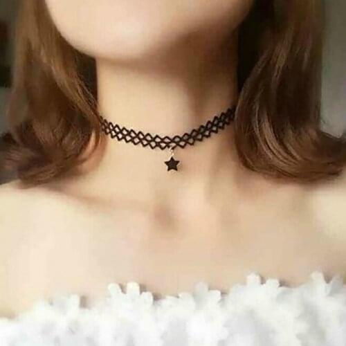 Womens Geometric Lace Black Rope Star Cherry Heart Pendant Lace Choker Short Clavicle Chain Necklaces Cute Gift