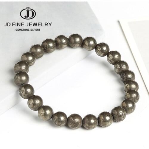 JD Natural Pyrite 8mm Round Beads Elastic Line Stretch Beaded Bracelet Fashion Man Woman Jewelry
