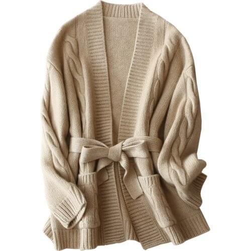 Thick 100% Cashmere V-Neck Lace Up Cardigan Women Warm Oversized Knitted Cardigan Belt England Style Sweater Women