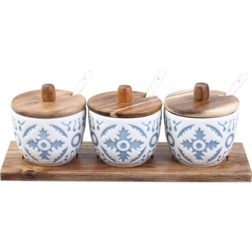 Hot Embossed Ceramic Seasoning Pot European-Style Household Kitchen Wooden Combined Seasoning Pot with Spoon