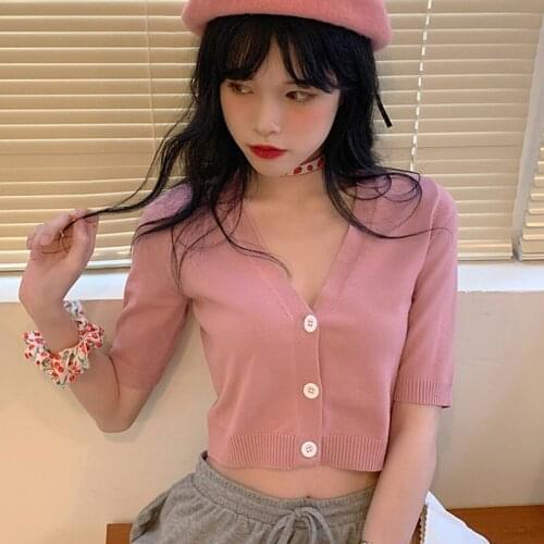 Fashion Short Sleeved Knitted T-shirt V-neck Button Short T Shirts Women Crop Tops Cardigan