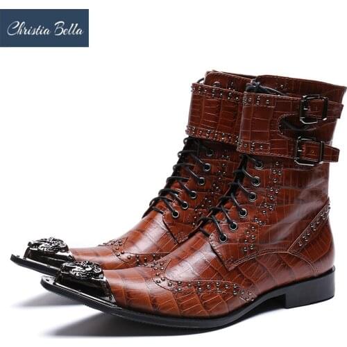 Christia Bella Autumn Buckle Men Shoes Genuine Leather Boots Fashion Metal Pointed Toe Boots Big Size Zipper Ankle Boots