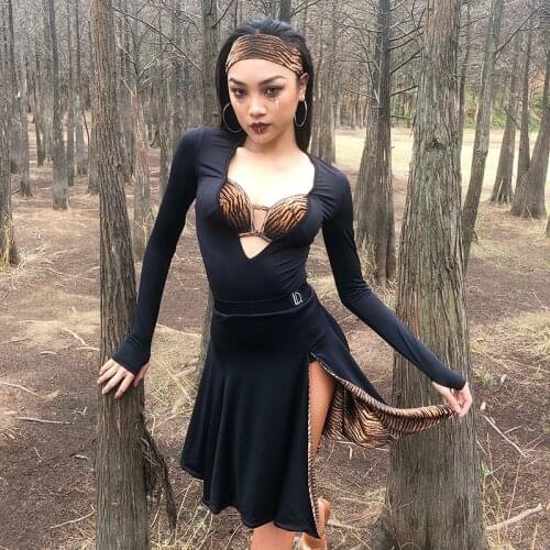 New Latin Dance Performance Costumes Sexy Long Sleeve Tops Slit Skirt Suit Rumba Cha-Cha Samba Latin Dance Competition Clothes