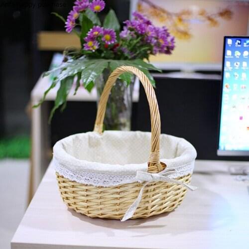 Handmade Rattan Portable Storage Basket Home Use Bamboo Weave Cloth Lining with Handle Organize Baskets Flowers Fruit Basket