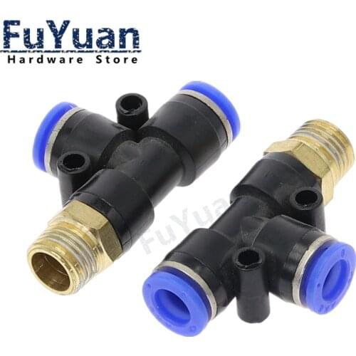 PD Pneumatic Connector 4mm-12mm Hose Tube T Shape Tee Air Fitting 1/4" 1/8" 3/8" 1/2"BSPT Male Thread 3 Way Pipe Coupler