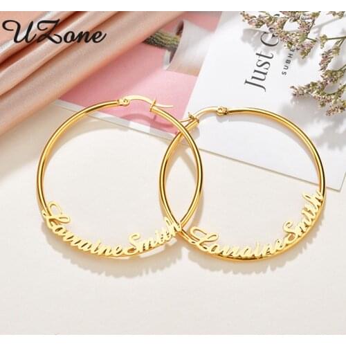 UZone 25-100mm Bottom Customized Nameplate Hoop Earrings Stainless steel Personalized Hyperbole Name Earring Femme Wholesale