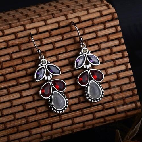 Boho Vintage Women Small Dangle Stone Earrings Leaf Flower shape CZ Earring Ethnic Indian Jewelry Antique Silver Color DBE046