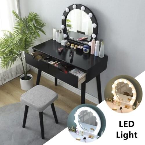 Bedroom HD Mirror Dresser Furniture Bedside Table Vanity Table Makeup Drawers Dressing Table With Stool With LED Light 80cm HWC