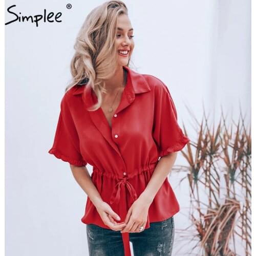 Simplee Casual ruffle turn down collar women blouse Loose short sleeve sashes female shirt Elegant office solid tops blouses