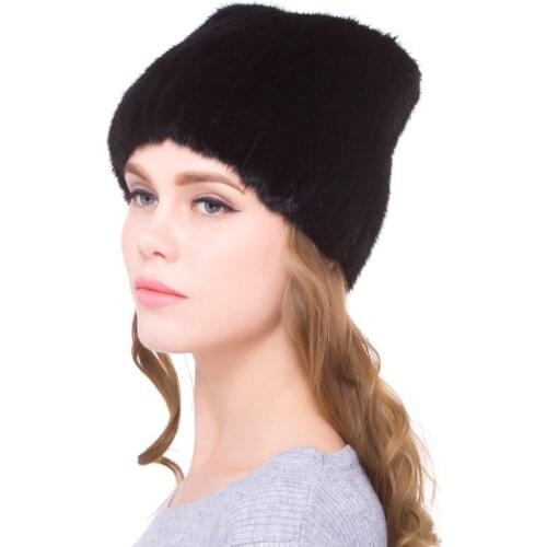 Natural mink hand knitted womens winter hat Leather Hat elastic warm fashion stripe knitted ear cap