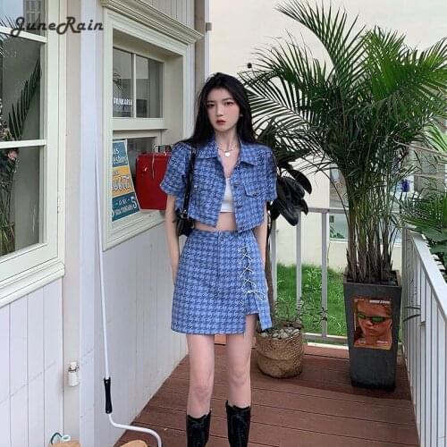 Women Sets Turn Down Collar Mini Plaid Girlish Cool Korean Style Summer 2021 A-line Casual Streetwear Vintage Female Fashion Set