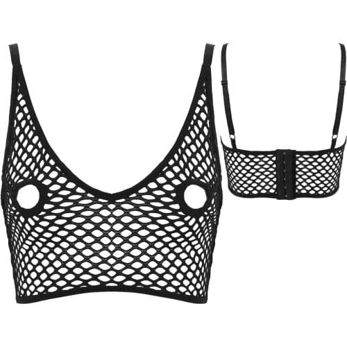 Women Sexy Erotic Fishnet Bra Top Hollow Out Mesh Lingerie Exposed Nipples Hollow Out Longline Crop Tops Nightwear Sleepwear