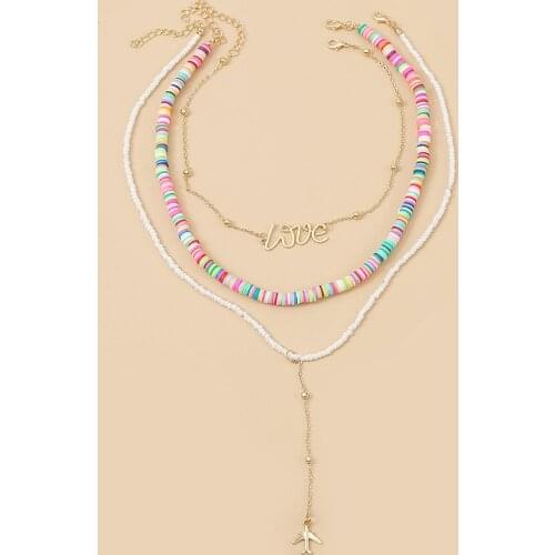3 Pcs/Set Beach Style Womens Boho Multicolor Polymer Clay White Glass Beaded Necklace Fashion Letter Aircraft Pendant Necklace