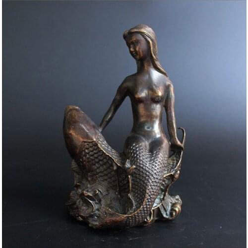 8" Rare Ancient Greek Myth Bronze Copper sea-maid Mermaid On Fish Art Statue