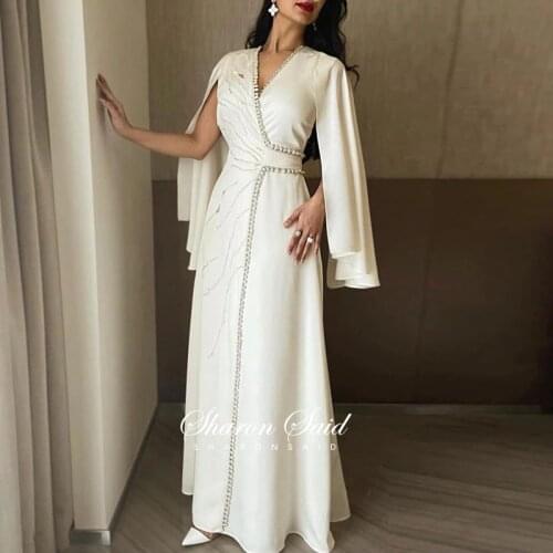 Arabic White Moroccan Kaftan Dubai Muslim Evening Dress with Cape Sleeve Beaded Long Formal Dresses for Women Wedding Party Gown