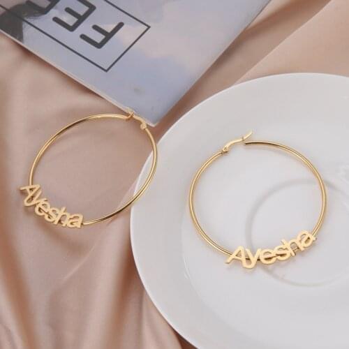 Large Hoop Name Earrings Personalized Custom Initial Name Plate Gold Plated 925 Sterling Silver Jewelry Stud Earrings for Women