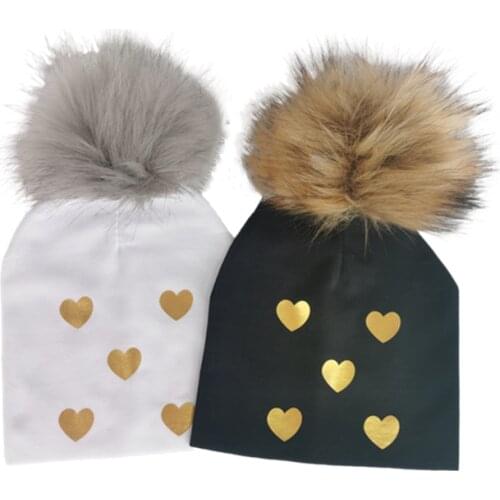 Brand Newborn Kids Baby Boys Girls Warm Winter golden sweet heart Cotton Beanie faux Fur Pom Pom Bobble Hat Cap Winter Warm Hat