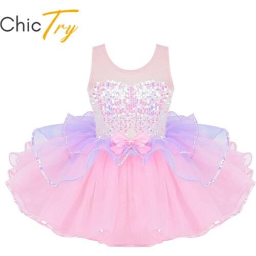 ChicTry Kids Girls Shiny Sequins Bowknot Mesh Splice Dancewear Gymnastics Leotard Tutu Ballet Dress Stage Performance Costume