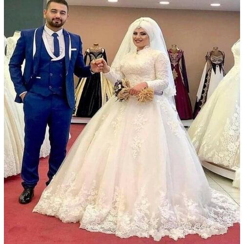 Elegant Arabic Muslim Wedding Dress 2022 Long Sleeve Dresses High Neck Ivory Lace Country Bridal Gowns Robes De Soriee