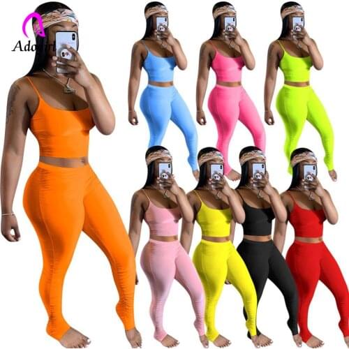 Fitness Spaghetti Strap Sexy Pleated Two Piece Set Women Crop Tops + Stacked Leggings Candy Color Summer Skinny Sport Tracksuit