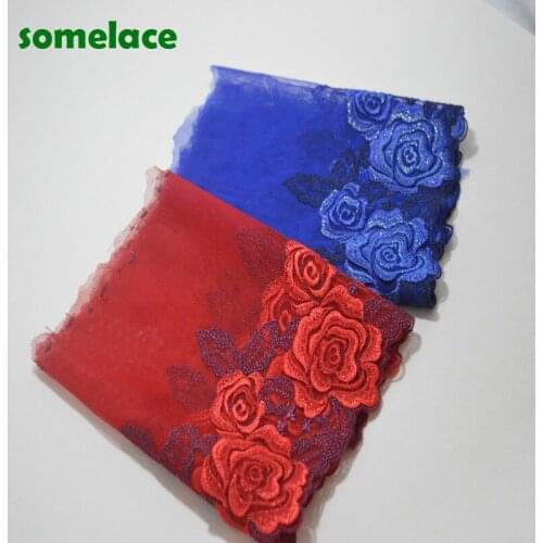 2yds 20cm Red~Blue Gauze fluorescence thread floral Embroidery DIY lace trim for garments and wedding decoration
