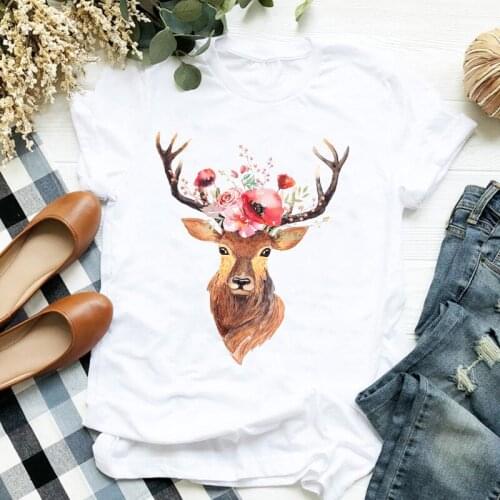 Women Lady Flower Deer Elegant Fashion Cute Print Skull Ladies T Tee Tshirt Womens Female Top Shirt Clothes Graphic T-shirt