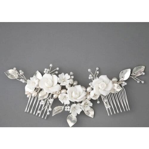 Floralbride Handmade Freshwater Pearls Ceram Flower Bridal Hair Comb Wedding Headdress Hair Accessory Bridesmaids Women Jewelry