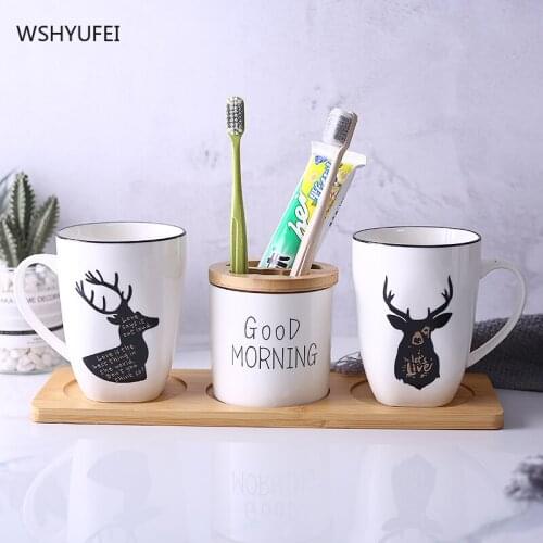 Creative antler ceramic mouthwash with handle cup modern minimalist style tooth brushing cup with coaster household toiletries