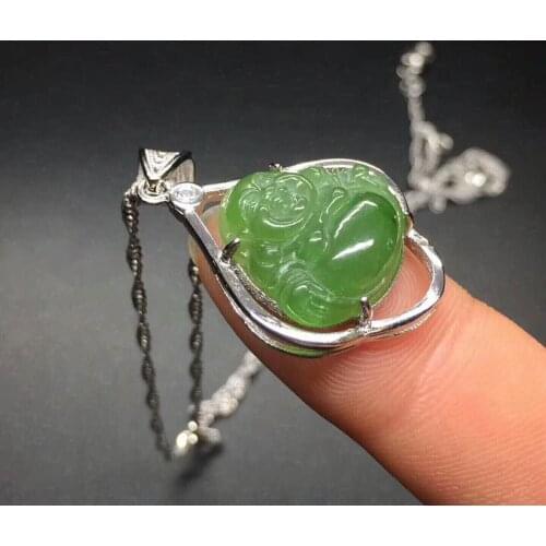 Natural Hetian jade pendant, S925 silver inlaid Buddha, bless all sentient beings, happy laugh Buddha Pendant