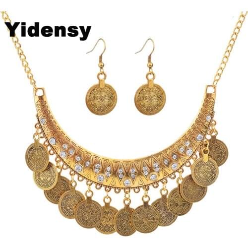 Yidensy Fashion Coin Neacklace Earrings Jewelry Sets Women Antique Gold Silver Color Long Chain Bib Necklace Drop Earring Gifts