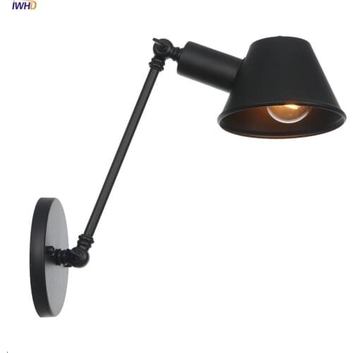 IWHD Black Single Swing Arm Wall Light bedroom Stair Beside Loft Industrial Vintage Wall Lamp Sconce Edison Style Lighting LED