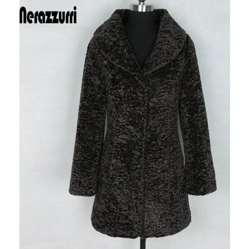 Nerazzurri winter faux fur coat women slim fit turn-down collar long sleeve black teddy coat plus size faux fur jacket 5xl 6xl