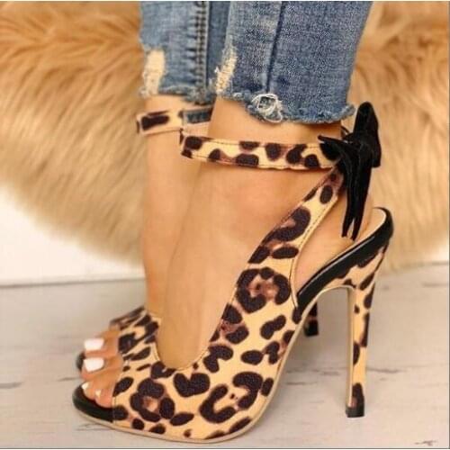 Shofoo shoes new versatile slim heel leopard print high-heeled sandals with a heel height of about 11cm