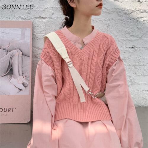 Sweater Vest Women Lovely Pink Classic Sleeveless Korean Spring College Teens Knitwear Vintage All-match Popular Ladies Sweaters