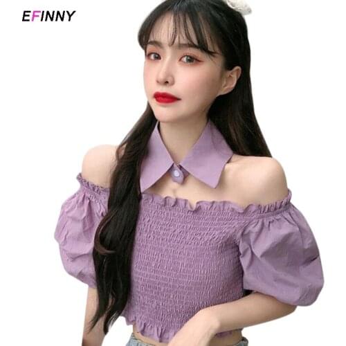 Women Blouses Off Shoulder Blouses Femme Strapless Tops Puff Sleeve Vintage Tops Short Sleeve Summerwear White/Purple/Blue