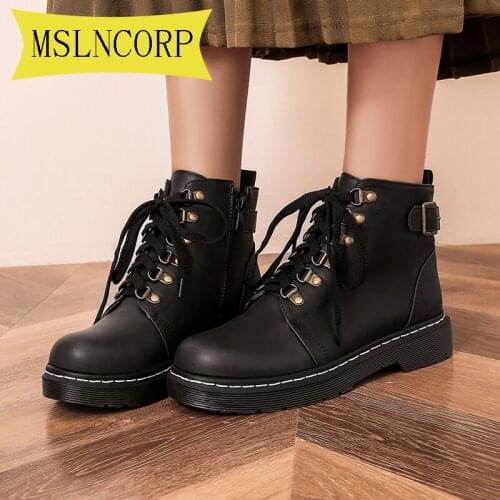 Plus Size 34-43 PU Leather Autumn Motorcycle Platform Ankle Boots Women Low Heel Thick with Short Booties High Top Combat Shoes