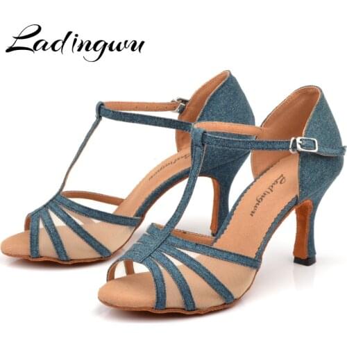 Ladingwu New Denim And Net Latin Dance Shoes Womans Comfort Professional Salsa Shoes Dancing Cuba Heel Dance Shoes sandals