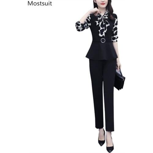 Autumn Fashion Elegant Two Piece Set Women Plus Size Korean Long Sleeve Black Heart Print Tops + Elastic Waist Pants Suit Korean
