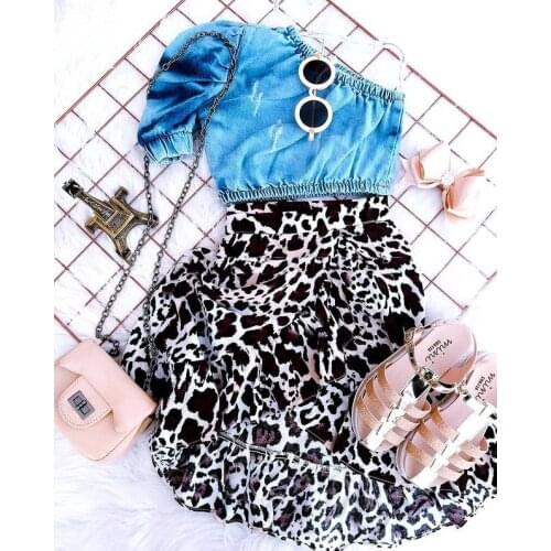 2-7Y Fashion Children Girls Autumn Clothing Sets 2pcs Denim One Shoulder Long Sleeve Crop Top+Leopard Print Ruffles Split Skirts