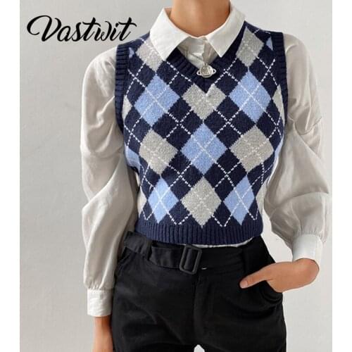Women Vintage Argyle Plaid V Neck Knitted Vest Preppy Style Sweater E Girl Tank Crop Top Y2K Aesthetic Clothes Pullover Knitwear